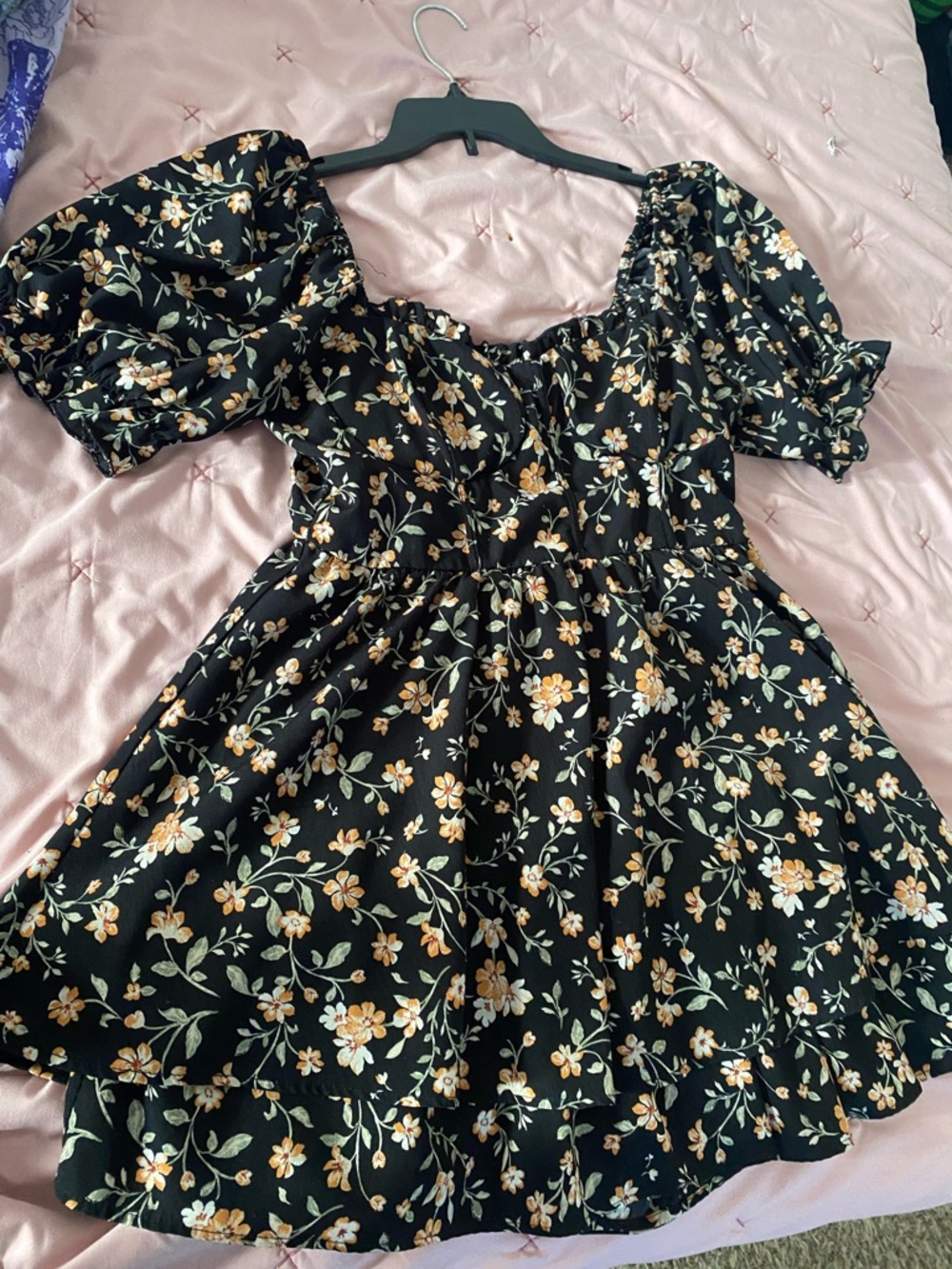 Inspired Hearts Black Floral Puff-Sleeve Casual Dress